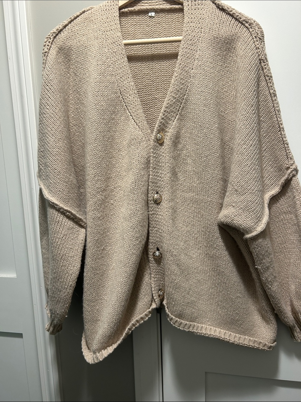 Beige V-Neck Button Cardigan Sweater With Fold Buttons